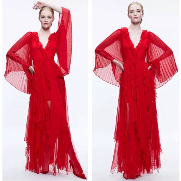Alice+ Olivia Day Sunburst Red Pleated Sleeve Ruffle Tiered Maxi Dress Size 0 - Picture 1 of 16